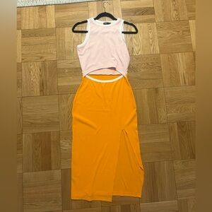 Pink & Orange Colorblock Cutout Midi Dress